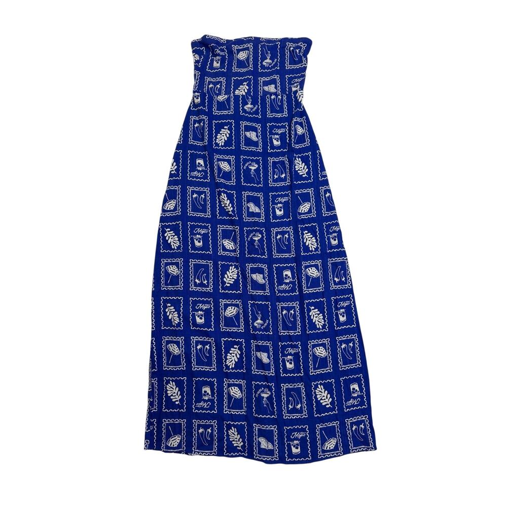 Paper Heart Maxi Dress Strapless Blue Linen Blend White Stamp Print size Medium - Picture 6 of 7